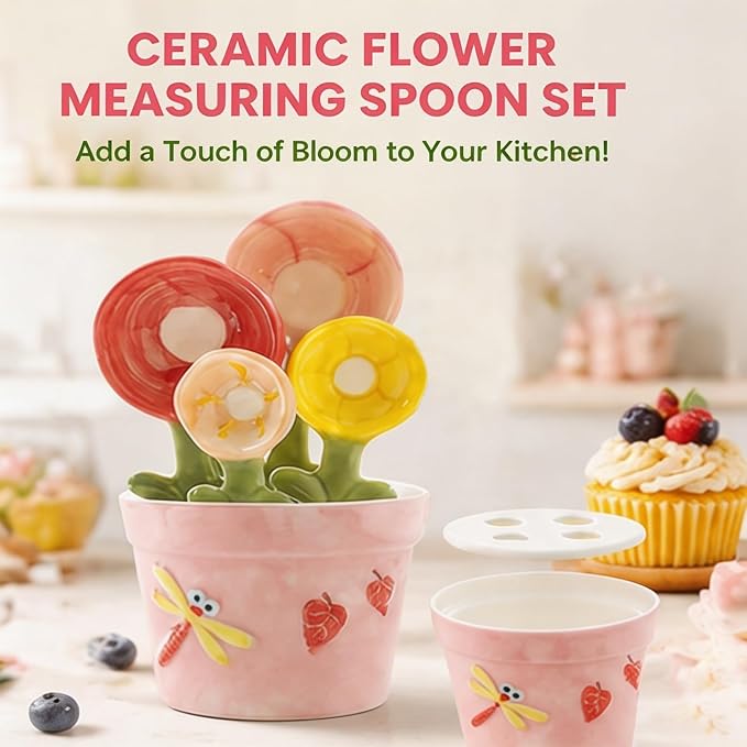 Ceramic Flower Measuring Spoons Set with Flowerpot Base, 2026 Decorative Cute Measuring Cups and Spoons Set with Holder for Dry and Wet Ingredients (Pink+Blue)