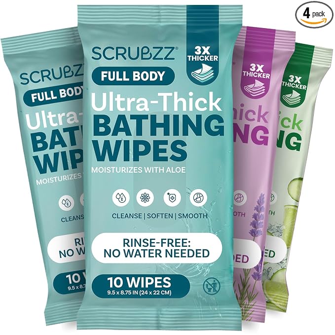 Extra Large Body Wipes for Adults Bathing No Rinse - 40 Ultra Thick Disposable Shower Wipes for Men, Women & Elderly - Great for Gym, Camping, Post Surgery - Variety Pack