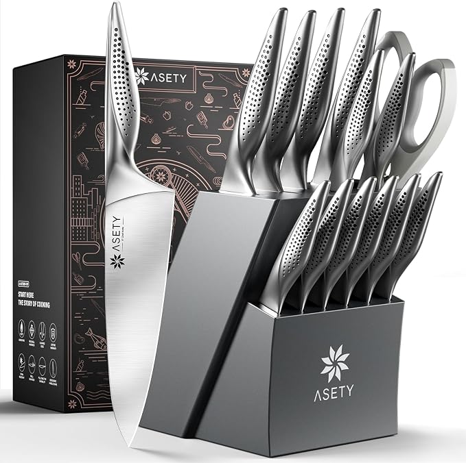 ASETY Knife Block Set, 15 PCS Knives Set for Kitchen, Stainless Steel | Ultra Sharp Kitchen Knife, Full Tang One-Piece Knife Set with Built-in Sharpener, Ergonomic Non-Slip Handle, Elegant Box