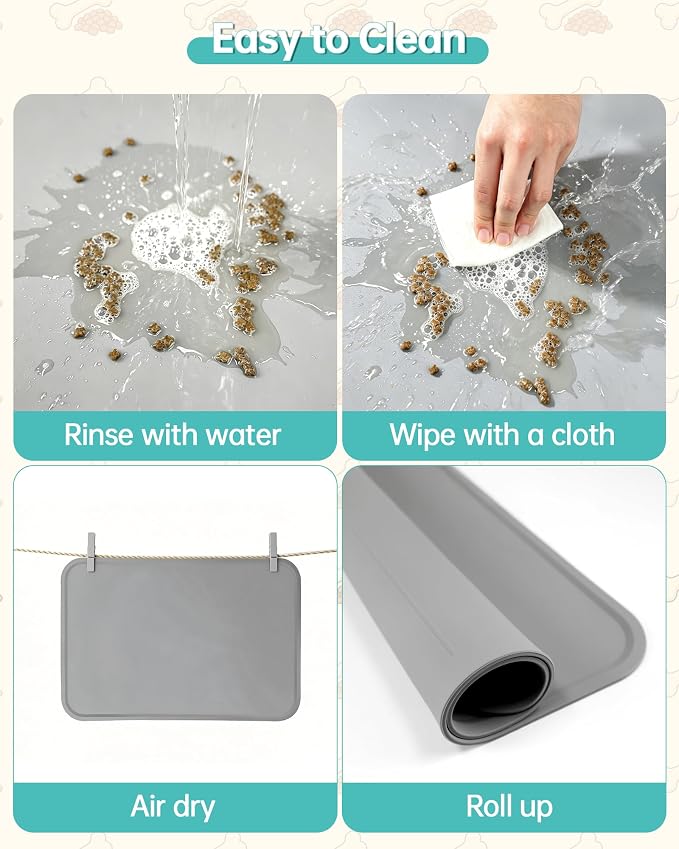 Pet Water Fountain Mat, 24" x 16" Food Grade Silicone Waterproof Mat with Raised Edge, Non Slip Easy Clean Splash Proof Floor Pad for Cat Dog Water Dispenser, Grey