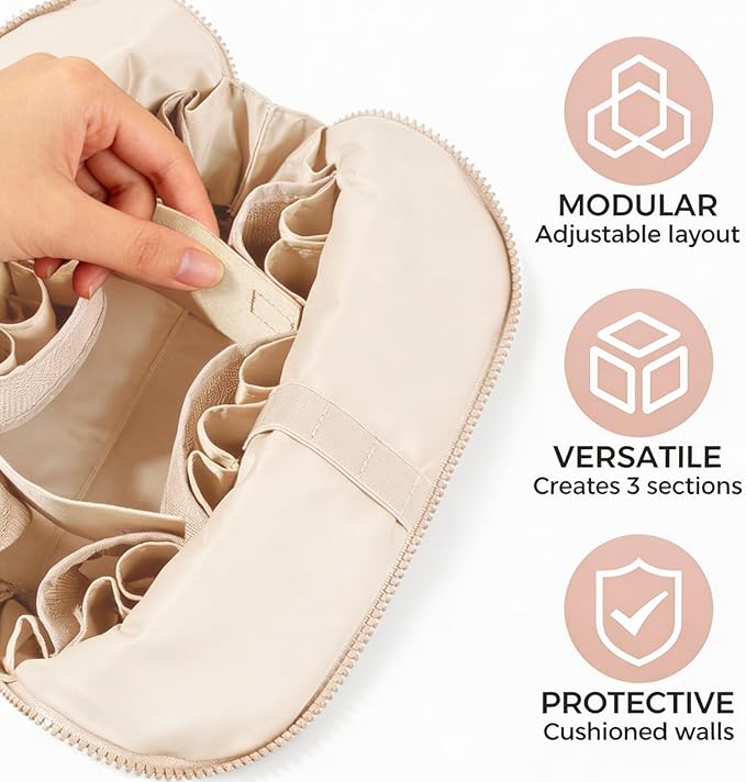 Travel Makeup Organizer Bag with Fold-Down Design and Adjustable Dividers, 27 Pockets & 3 Brush Storage Holders, Large Capacity Cosmetic Bags Toiletry Case - White