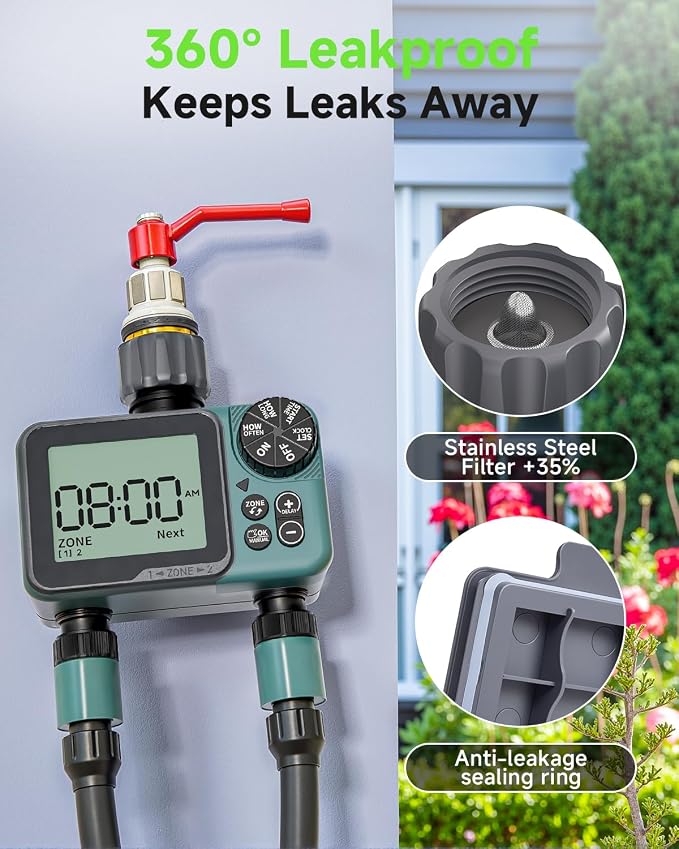 Sprinkler Timer 2 Zone & Digital Water Timer for Garden Hose, Yard, Lawn, Pool – Programmable Irrigation Controller with Rain Delay, IP55 Waterproof Auto & Manual Irrigation System