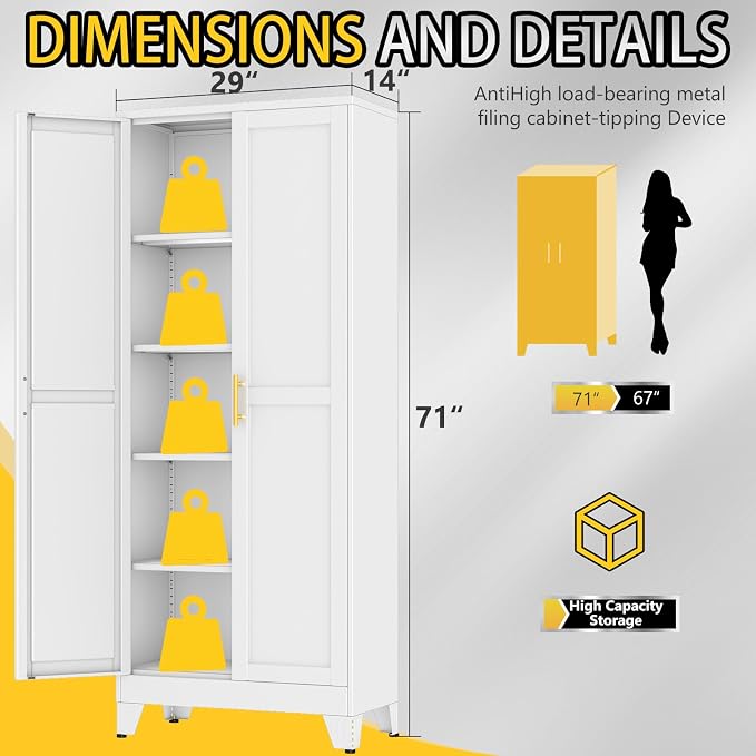 PAOFIN 71" Metal Storage Cabinet with 2 Doors and 4 Adjustable Shelves,White Metal Garage Storage Cabinets, File Cabinet,Steel Tool Cabinets for Home,Office,Garage,School,Warehouse