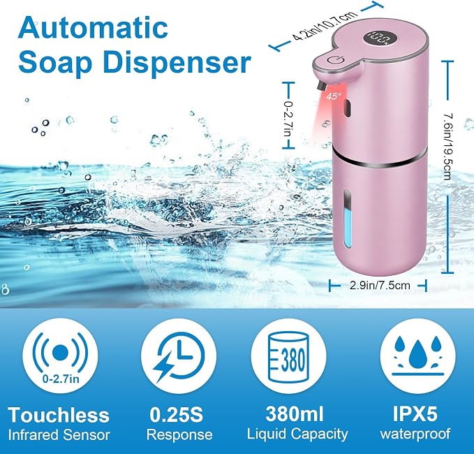 OHIFAST Automatic Foaming Soap Dispenser Touchless, USB Rechargeable Smart Hand Soap Dispenser, 6-Level Adjustable, 12.8oz/380mL Wall Mounted for Bathroom Kitchen Dish Soap-Rose Gold