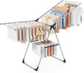 Sakugi Clothes Drying Rack with Height-Adjustable Wings, Metal Foldable Laundry Dryer Stand for Clothing & Bedding, Free-Standing Collapsible for Indoor & Outdoor Use, 69.5" L × 22.8" W, Silver Blue