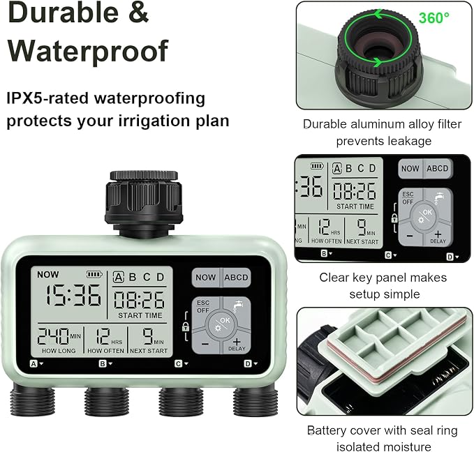 Watering Timer 4 Zone, Sprinkler Timer,Programmable Garden Outdoor Hose Faucet Timer with Rain Delay/Manual/Automatic Watering System,Water Hose Irrigation Timers 4 Outlet for Garden Lawn