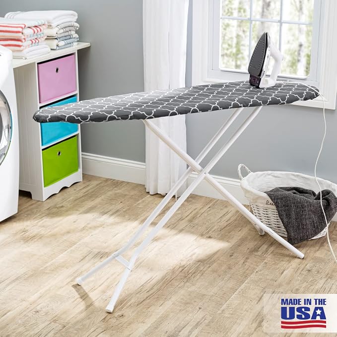 Full Size Ironing Board Made in USA – Gray Lattice by Seymour Home Products 4 Heavy-Duty Steel Legs Perforated Top for Steam Includes Cover & Pad Sturdy, Foldable Iron Board for Home & Laundry