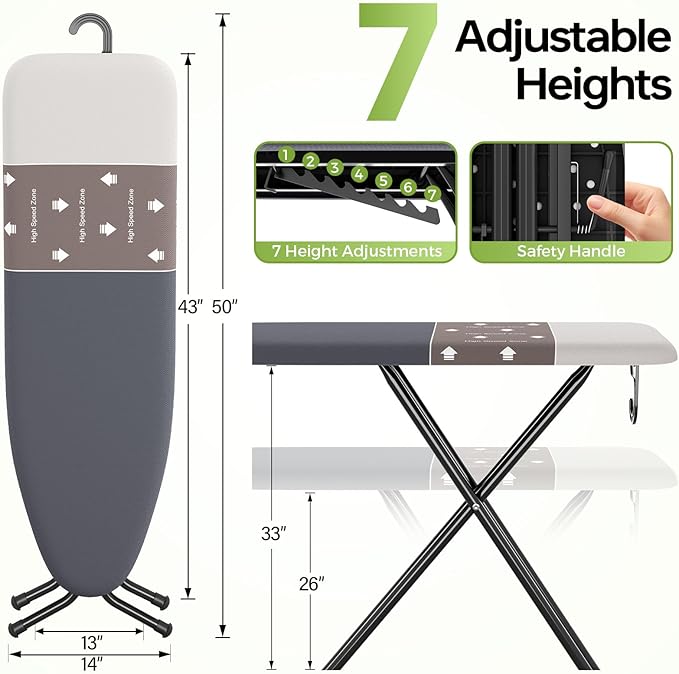 Foldable Ironing Board Standard Size, Iron Board Table Stand Foldable, Space-Saving Iron and Ironing Boards Set, Folding Ironing Boards Full Size with High Speed Zone and Hanging Hook 13x43 Warm Gray