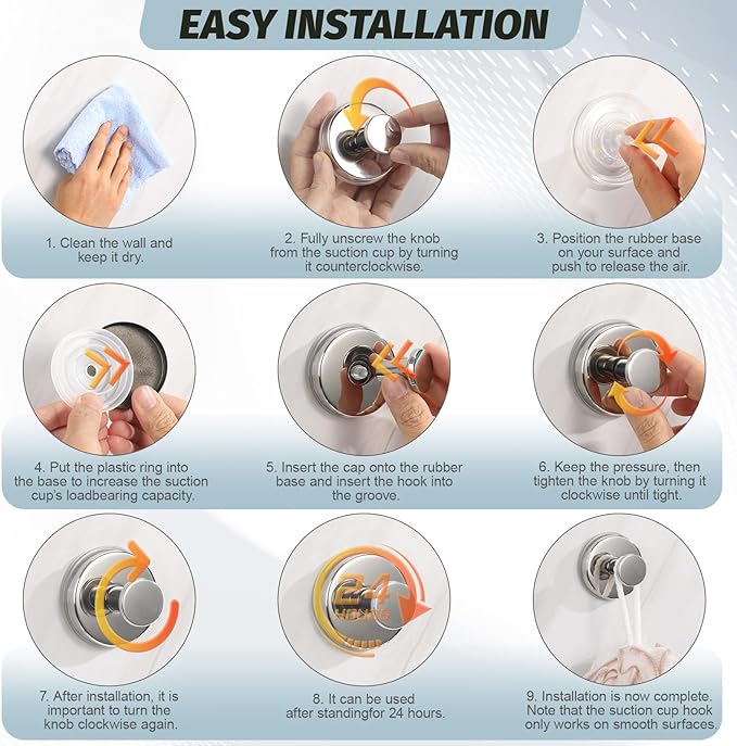 Suction Cup Hooks No Drill Stainless Steel Shower Hooks Towel Hook Heavy Duty on Smooth and Non-Porous Surfaces in Bathrooms Kitchen Bedroom (4, Chrome Polished)