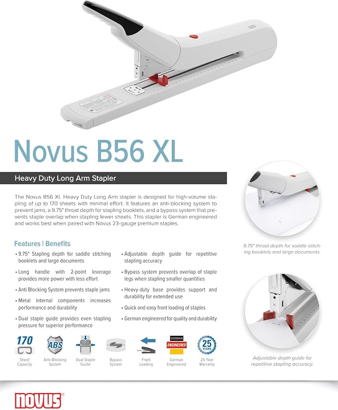 Novus B56 XL Heavy Duty Long Arm Stapler, 20-170 Sheet Capacity, 9.75" Stapling Depth, Anti-Jam, German Engineered (023-0062)