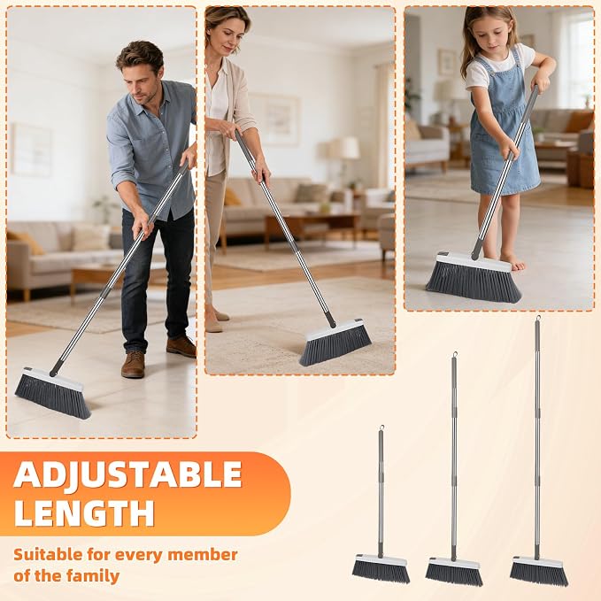 Broom with Dustpan Combo Set, Heavy Duty Standing Metal Dust Pan with Teeth, Indoor Outdoor Up for Home Kitchen Lobby Room Office, Grey