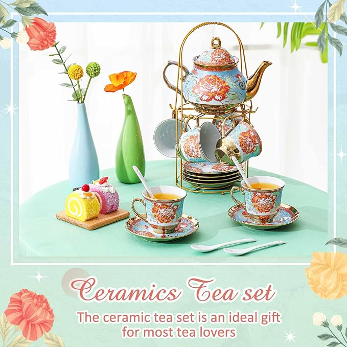 Zhehao 20 Pcs Porcelain Tea Set with Metal Holder and Spoon Adult Ceramic Tea Set European Flower Painting Teapot Cup Saucer Spoon for Women Mom Gift, Large Version (Retro Style)