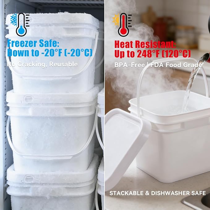Bucket with Lid - 4 Packs Square Plastic Storage Containers, Food Safe with Handle, Airtight Pressure Lids for Kitchen & Home (White, 0.8 gal)