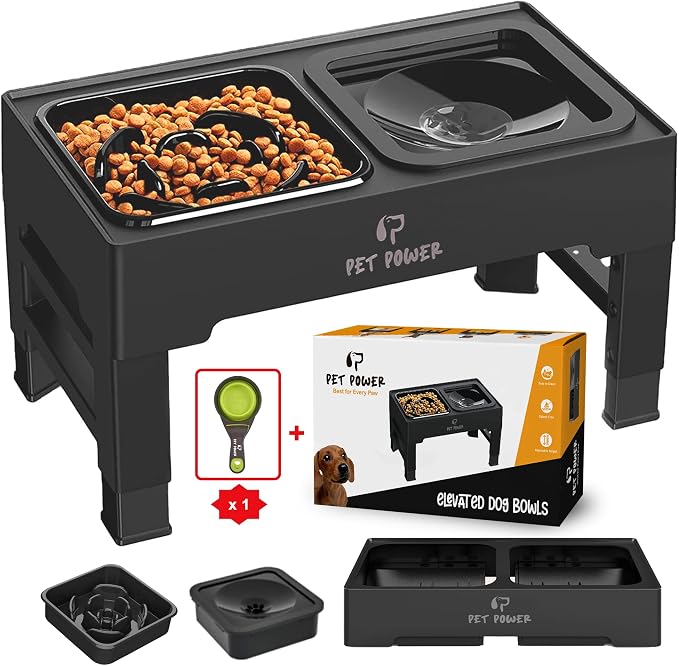 Elevated Dog Bowls with Collapsible Scoop, Slow Feeder Dog Bowls & No-Spill Water Bowl, Raised Dog Bowl Stand 4 Adjustable Heights for Small, Medium & Large Dogs