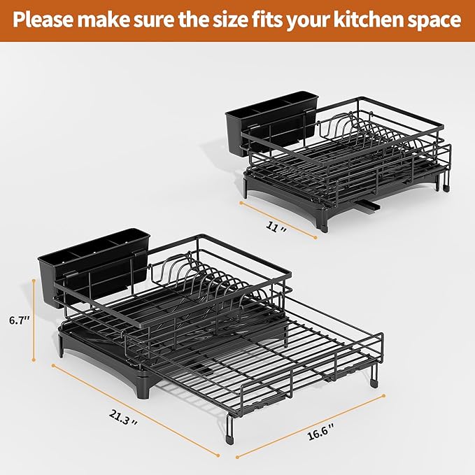 Laveshop Dish Drying Rack - Expandable Rack, Large Capacity Dish Drainer for Kitchen Counter, Rust-Proof with Utensil Holder, Black