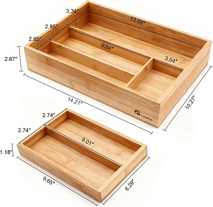 2-Tier Drawer Organizer with Removable Cutlery Tray Kitchen Utensil Silverware Drawer Organizer, Silverware Tray for Drawer Utensil Holder Bamboo Flatware Box for Utensils Stationery Cosmetics (M)