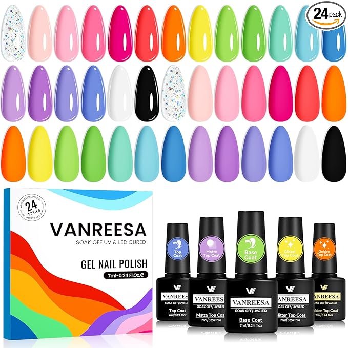 VANREESA 24 Pcs Gel Nail Polish Set -Trendy Colors Gel Polish with Base Coat & 4 Effects of Top Coat White Nude Pink Orange Yellow Green Blue Purple Black Gel Polish Set Nail Kit Gifts for Women Girls