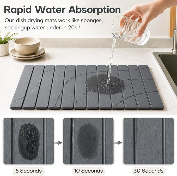 Extra Large Stone Dish Drying Mat for Kitchen Counter, Quick Dry Stone Dish Mats, Foldable Water Absorbing Diatomaceous Drying Pad for Countertop Bottles Utensils Bathroom (Flow Line Gray 32"x16")