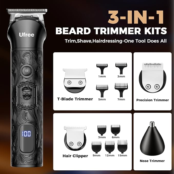 Ufree Foil Shaver and Beard Hair Trimmer Set, Men Electric Razor，Mens Gifts | T-Blade Line with 1-10mm Comb, Zero-Gap, Type-C, LED Display, Versatile for Mustache, Stubble, Nose and Crisp Edges