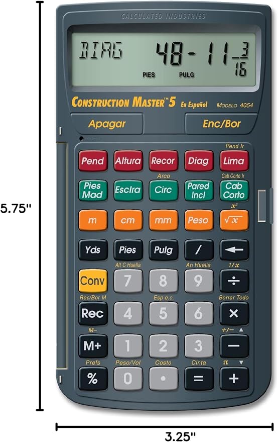 Calculated Industries 4054 Construction Master 5 Calculator | en Español, Feet-Inch-Fraction, For Carpenters, Construction Calculator with all Spanish labeling