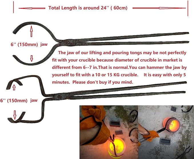 Large Crucible Tongs Set for Lifting and Pouring, Metal Casting Tool Foundry Tongs for 12KG/15KG/16KG Crucibles - 24 Inches