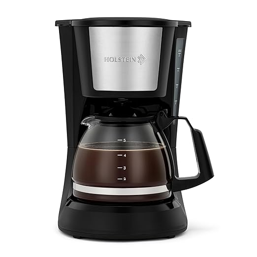 Holstein Housewares 5 Cup Drip Coffee Maker – Compact and User-Friendly with Auto Pause & Serve, Reusable Filter, Measuring Spoon & Glass Carafe, Office & Dorm Use, Black