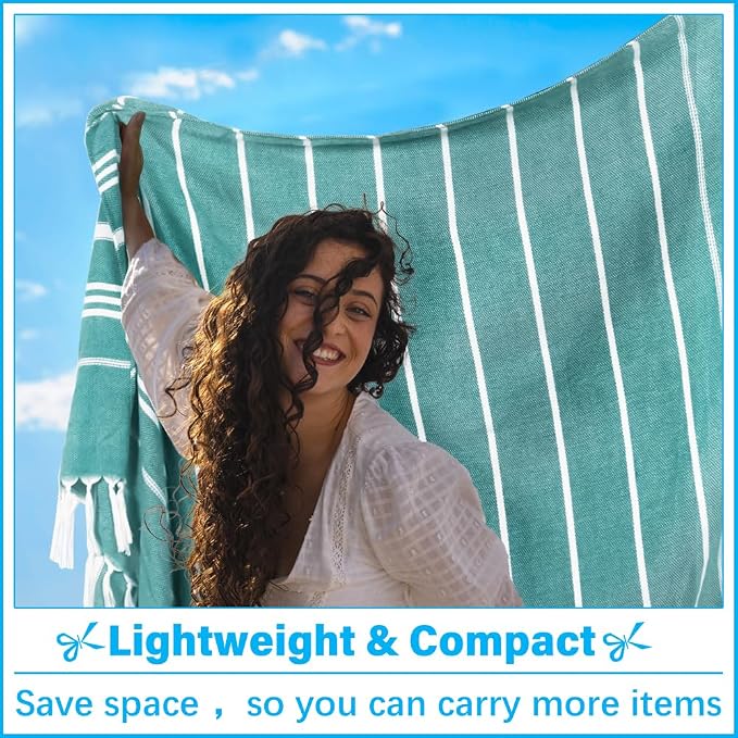 Vikumond Turkish Beach Towel Blanket Oversized 85x75 Inch Quick Dry Teal | Lightweight Compact Portable Sand Free Absorbent Boho Woven Throw for Pool Swimming Picnic Camping Cruise Outdoor Essentials