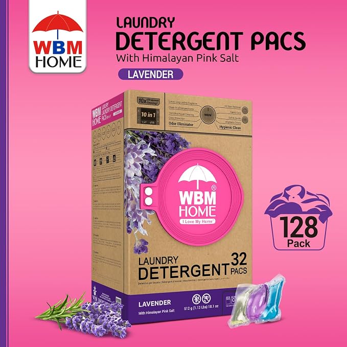 WBM 10-in-1 Laundry Detergent Pods, Fabric Softener with Lavender Extracts, High-Efficiency Laundry Pods with Powerful Stain Lifter Technology - 32 Count Bag