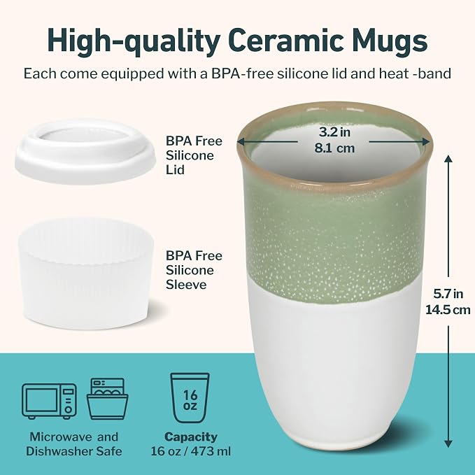NOVA CERAMICS Travel Mug - Tea Tumbler– Microwave & Dishwasher Safe Coffee Mug Green & White Tumbler - Gifts For Women Men Him Her – 16oz – Sage Green