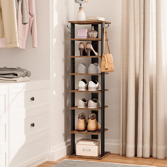 HOOBRO 8 Tiers Vertical Shoe Rack, Wooden Shoe Storage Organizer with Hooks, Narrow Shoe Tower for 8 Pairs, Space Saving, for Entryway, Living Room, Bedroom, Rustic Brown BF07XJ01G1