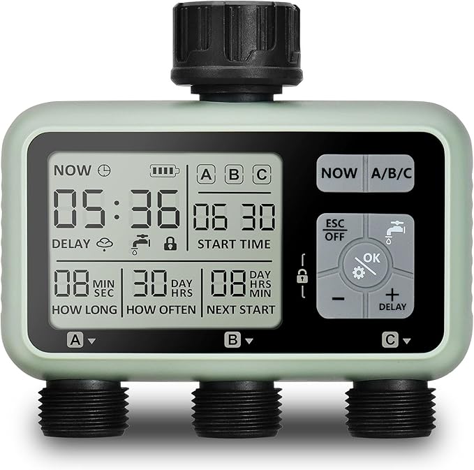 Watering Timer 3 Zone, Sprinkler Timer, Programmable Garden Outdoor Hose Faucet Timer with Rain Delay, Auto & Manual Watering System,Water Hose Irrigation Timers 3 Outlet for Garden Lawn