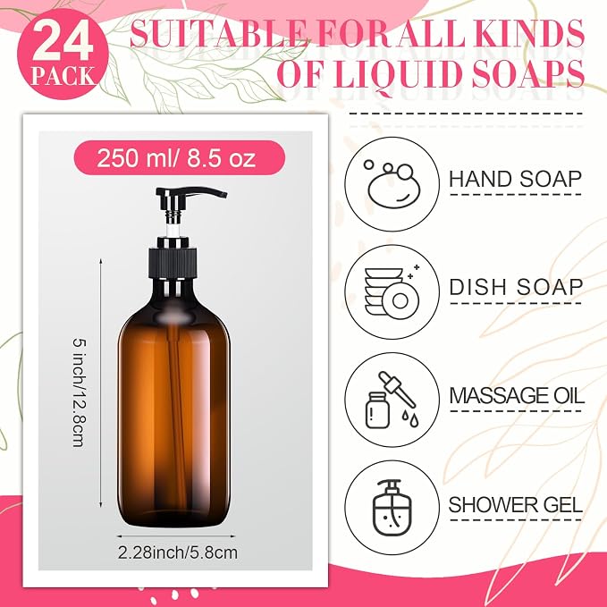Tessco for you 24 Pcs Amber Soap Dispenser 8.5 oz Empty Plastic Pump Bottles Refillable Shampoo Container for Hand Sanitizer Soap Lotion Body Wash Conditioner Bathroom Kitchen Travel