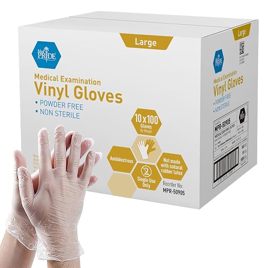 MED PRIDE Vinyl Exam Medical Gloves,Powder & Latex-Free,Large,1000-Count