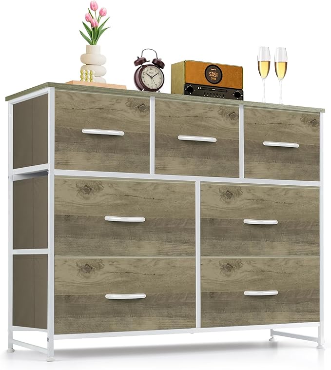 7-Drawer Dresser for Bedroom, Anti-Tip Wide Storage Organizer Fabric Chest of Drawers TV Stand for 45" TV with Wooden Top and Metal Frame for Closet, Living Room, Hallway, Entryway, Greige Oak