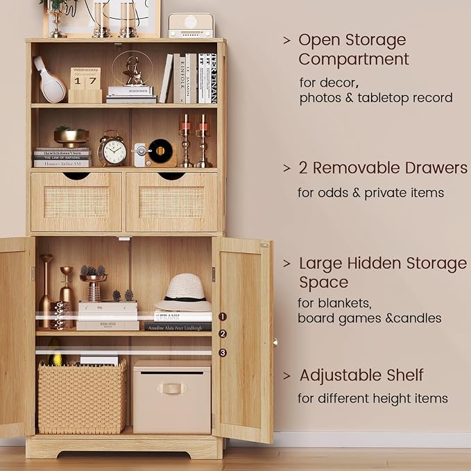 Iwell Tall Storage Cabinet, Rattan Cabinet with 2 Drawers & Adjustable Shelf, Kitchen Pantry Storage Cabient, Entryway Cabinet for Living Room, Dining Room, Home Office, Natural