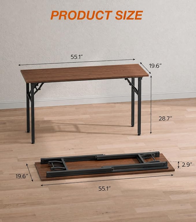 XBurmo Folding Desk Foldable Table, No Assembly 55.1" Foldable Desk Space-Saving Workstation for Small Space, Computer Table, Flat Storage for Home Office, Bedroom, Dorm, Study Room, Dark Walnut