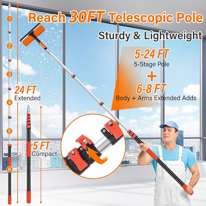 30FT High Reach Duster Cleaning Kit with 5-24 FT Extension Pole,High Ceiling Dusting and Window Cleaning Kit with Microfiber Feather Duster,Cobweb Duster,Ceiling Fan Duster,Window Squeegee Cleaner