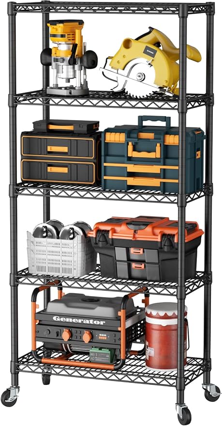 SINGAYE 5 Shelves Storage Wire Shelf Closet Metal Shelving Pantry Wheels | Shelf Bathroom Organizers Metal Kitchen Garage Shelving Unit Laundry Room Organization Home Rack Net Basket with Wheels