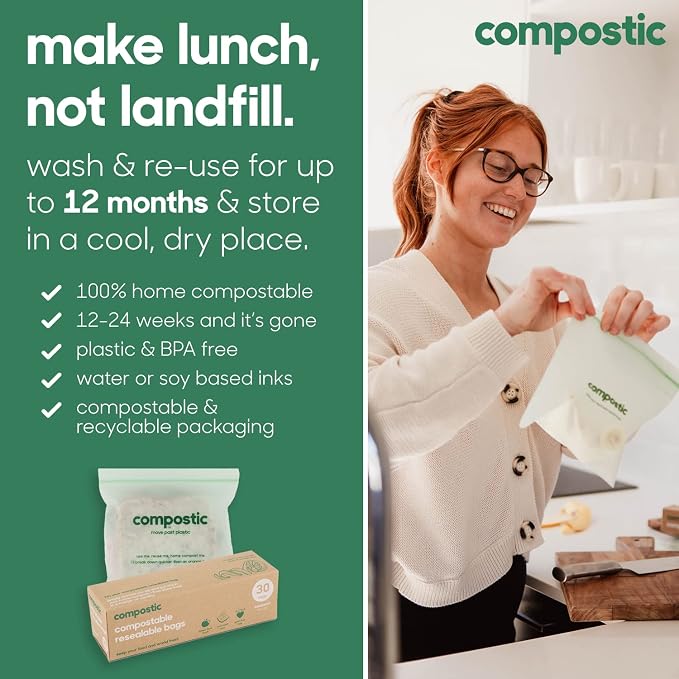 Compostic Compostable XL Sandwich Bags (180 + 20 Count) Bulk Pack — Resealable Zip-Seal, Plant-Based, Home Compostable, Freezer & Microwave Safe, BPA-Free, Non-Toxic, GMO-Free Food Storage Bag