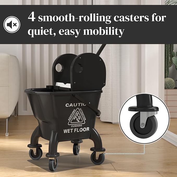 HOMCOM Mop Bucket with Wringer on Wheels, 27.5 Quart, with Mop, Black | Down Press Wringer, Handle and Mop, Floor Cleaning