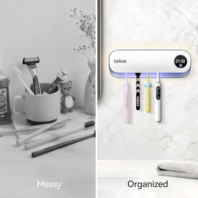 Takoo Toothbrush Cleaner, 4 Slots Wall Mounted Toothbrush Holder for Bathroom, Smart Hot Air Drying Technology, Rechargeable Smart Home Gadget