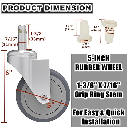RILIDRI 5-Inch Swivel Caster Wheels, 7/16-Inch Stem Diameter Rubber Wheel, Heavy Duty TPR Thermoplastic Rubber Replacement Wheels, 225-lb per Wheel- 4 Pack