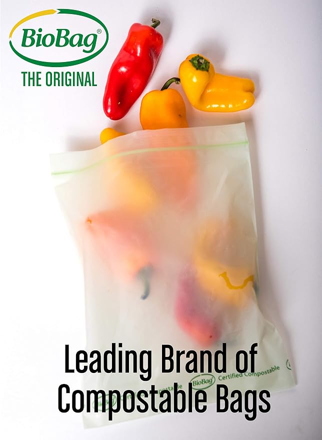BioBag 100% Certified Compostable Resealable Food Storage Bags, 20 Count, Quart, Perfect for Refrigerator