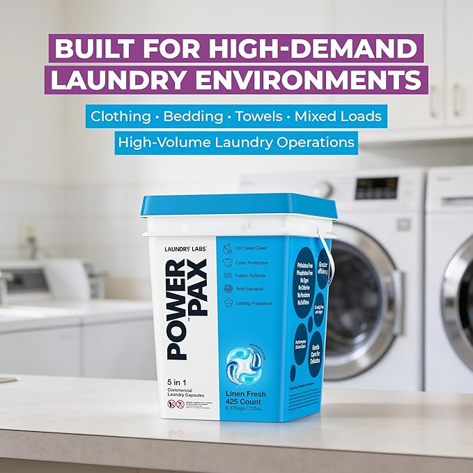 PowerPax 5-in-1 Laundry Detergent Pods - 425 Count, Washer Pods with Stain Remover, Odor Control, Fabric Softener & Color Care for Commercial Laundry - Linen Fresh