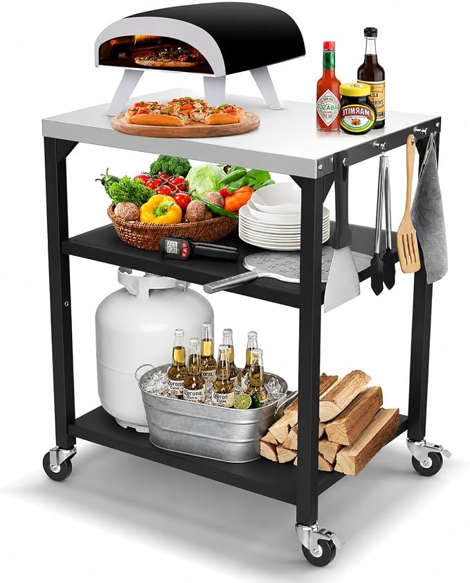 Hisencn 3-Tier Pizza Oven Table, Stainless Steel Outdoor Grill Prep Cart | 32x24 Inch Stainless Steel Grill Table for Pizza Ovens,Blackstone,Cuisinart,Portable Food Station with Hooks&Lockable Wheels