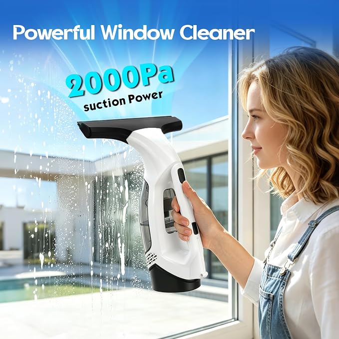 Cordless Window Vacuum Squeegee, 1.8-2 KPA Electric Window Vacuum Cleaner Tool with 0.8-1M Extendable Pole, Silicone Cleaning Scraper, 150ML Water Tank, 2200mAh IPX4, for Shower Glass, Car, Kitchen