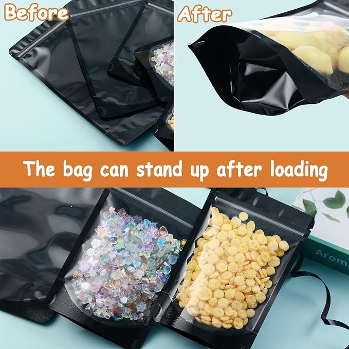 4X6 Resealable Bags 200 Pcs Mylar Bags for Food Storage Candy Packaging Black Mylar Bags with Window Reclosable Small Stand Up Pouches Edible Packaging for Small Business