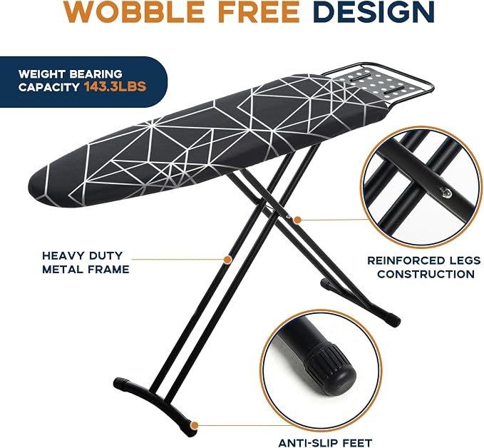 RAINHOL Ironing Board 43x13, Compact Iron Board Full Size with Heavy Duty Iron Rest, Thick Padded Cover, Adjustable Height, Sturdy Lightweight Steel Legs, Black