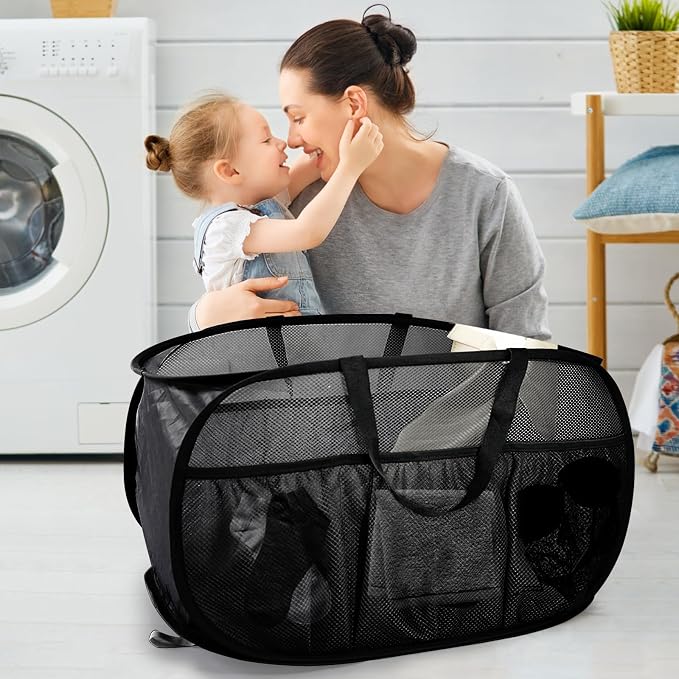 2 Pack Collapsible Laundry Baskets, Upgrade Pop Up Laundry Hamper with Convenient Bags, Foldable Laundry Basket Mesh Light Weight, Easy to Carry Clothes Hampers for Laundry, Dorm, Toys, Travel Black