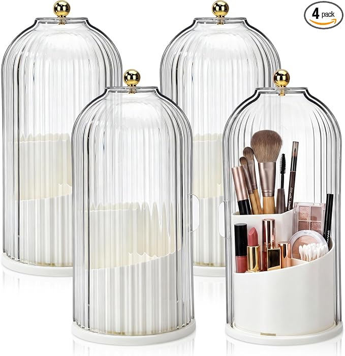 Novabright 4 Pack Makeup Brush Holder with Lid 360° Rotating Makeup Brush Organizer with 3 Compartments Dustproof Cosmetic Storage for Vanity Bathroom Countertop (Transparent)